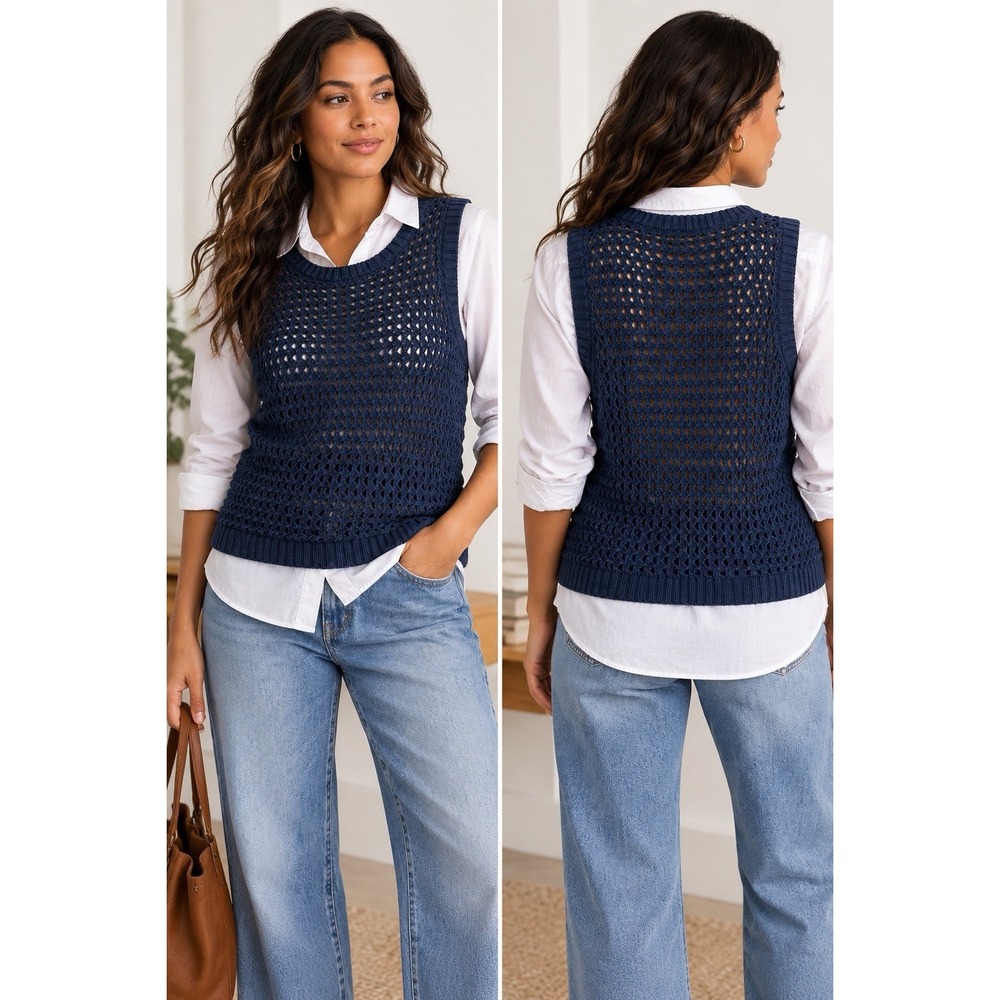 BDG Urban Outfitters L Navy Blue Open Knit Crochet Cotton Sweater Tank Top
